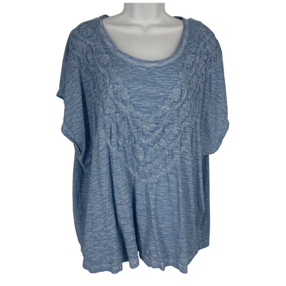 Chicos Blue Embroidered Scoop Neck Cotton Tunic Top Size 4 US‎ XXL